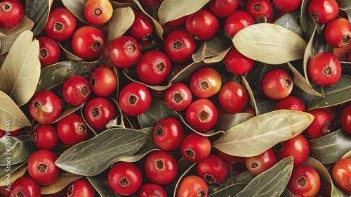 a close up of a bunch of red berries with leaves on the top of the berries and leaves on the bottom of the berries. photo