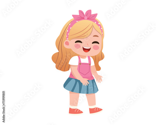 Happy cartoon girl isolated on white background. Cute character in vector illustration