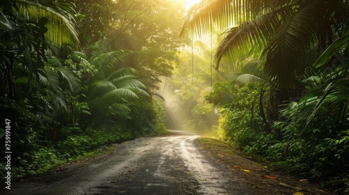 A road in the middle of a jungle with trees on both sides, AI