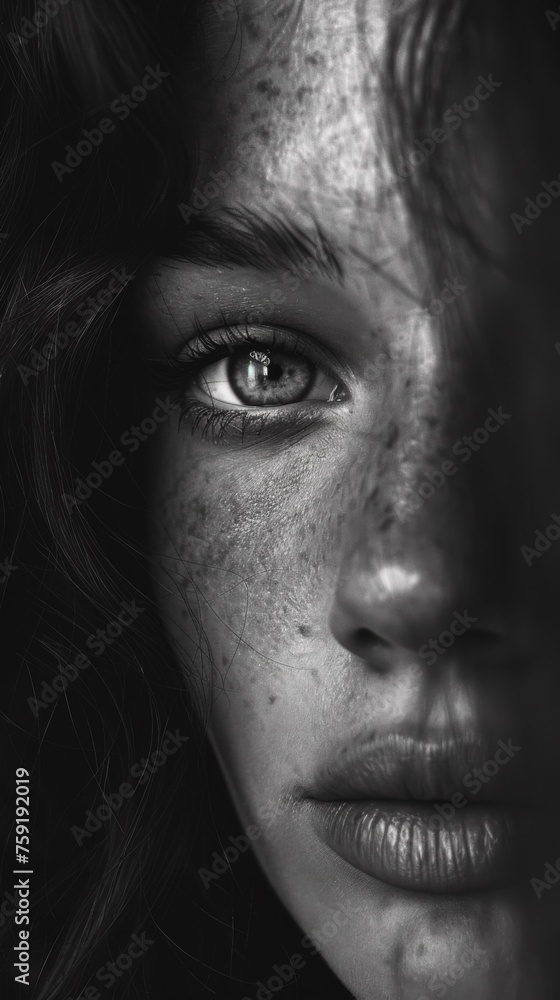 A close up of a woman with freckles and dark hair, AI A close up of a woman with freckles and dark hair, AI