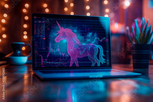 A laptop screen displays a futuristic neon unicorn over a trading graph background, set in a creative workspace with bokeh lights enhancing the tech ambience.