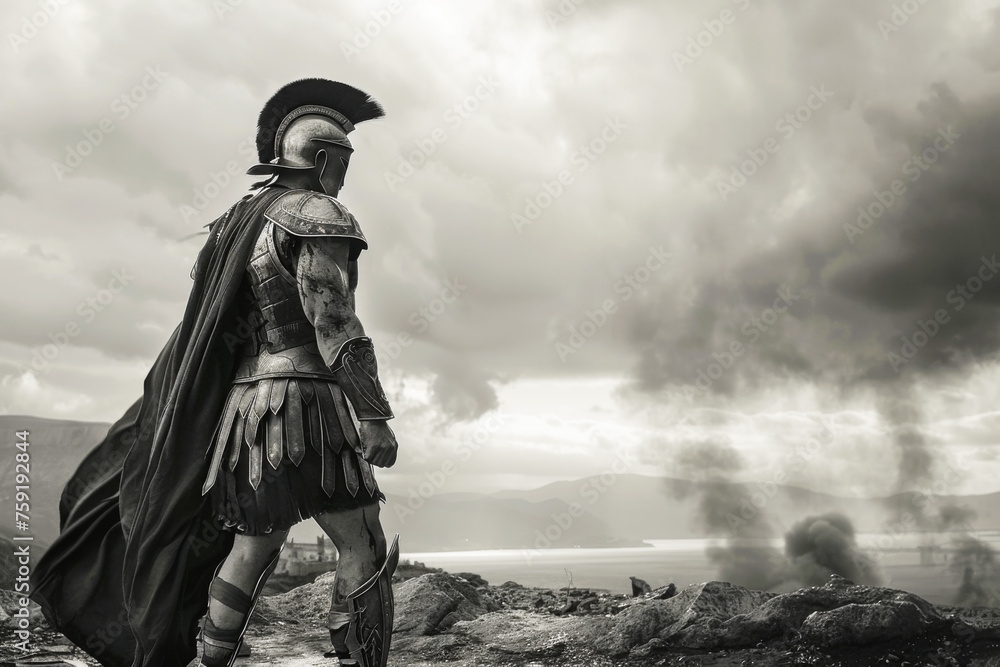 Warrior Wearing Iron Helmet on Battlefield in Black and White Warrior Wearing Iron Helmet on Battlefield in Black and White