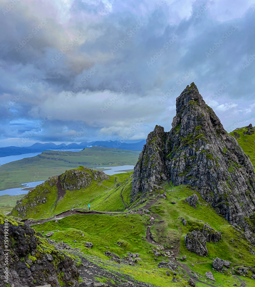 AERIAL: Majestic basalt rock towers on the way to the famous Old Man of Storr