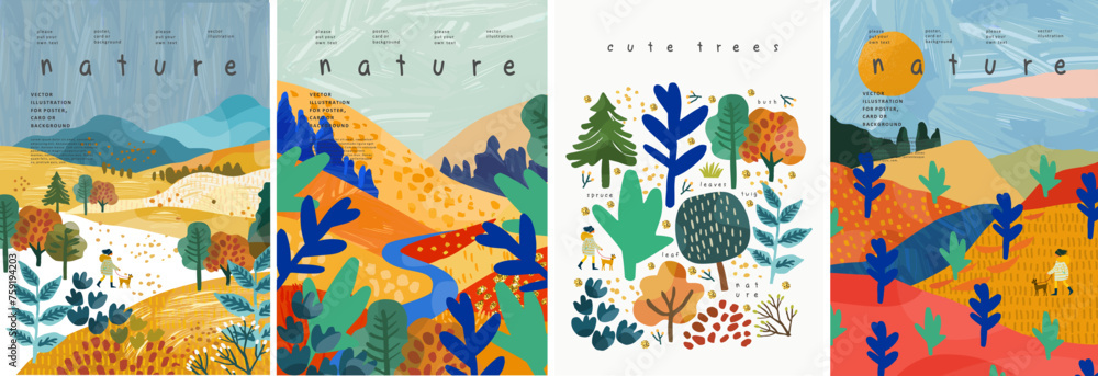 Nature and landscape. Vector cute modern abstract trendy gouache illustrations of trees, park, field, river, forest, hills, sky, clearing, bush for poster, background or card - obrazy, fototapety, plakaty 