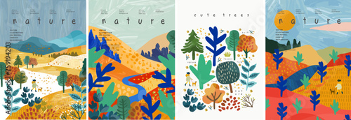 Nature and landscape. Vector cute modern abstract trendy gouache illustrations of trees, park, field, river, forest, hills, sky, clearing, bush for poster, background or card