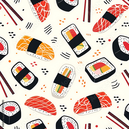 Sushi and Chopsticks Pattern on White Background