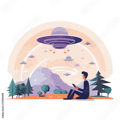 Mann schaut auf Handy während UFOs im Hintergrund landen vektor Illustration photo