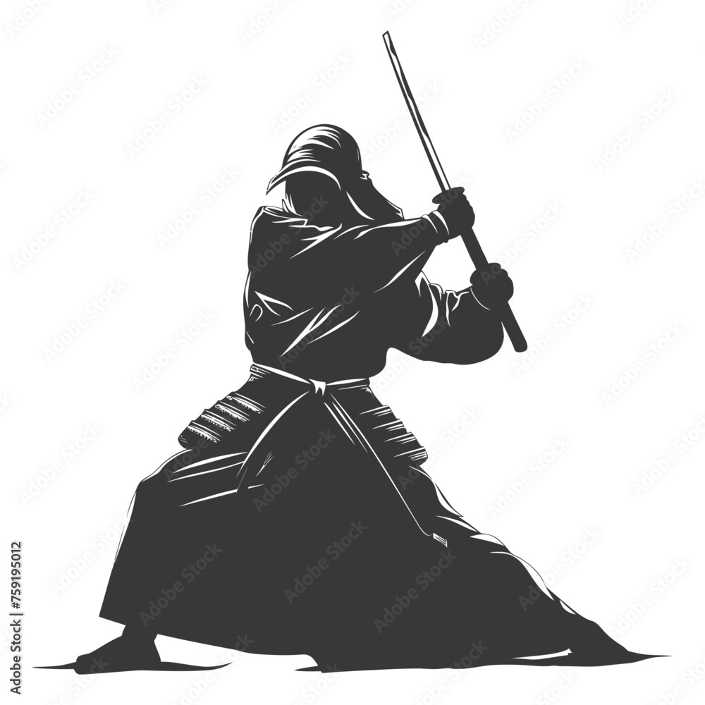 Silhouette single kendo athletes in action black color only Silhouette single kendo athletes in action black color only