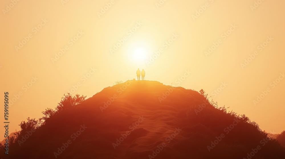 a couple of people standing on top of a hill with the sun setting in the sky over the top of the hill.