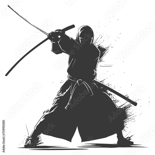 Silhouette single kendo athletes in action black color only