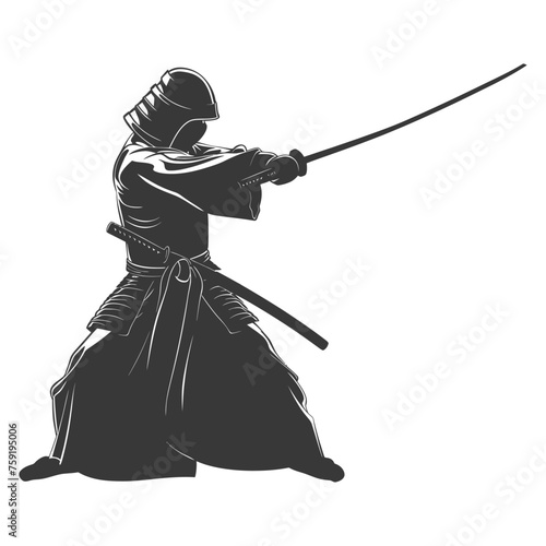 Silhouette single kendo athletes in action black color only