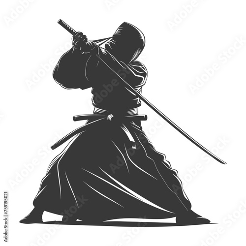 Silhouette single kendo athletes in action black color only