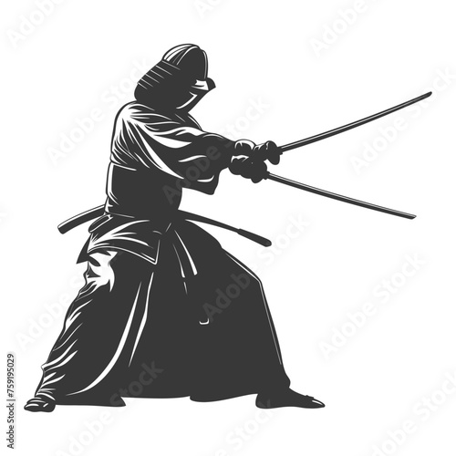 Silhouette single kendo athletes in action black color only