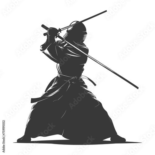 Silhouette single kendo athletes in action black color only