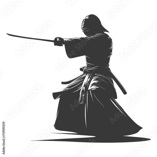 Silhouette single kendo athletes in action black color only