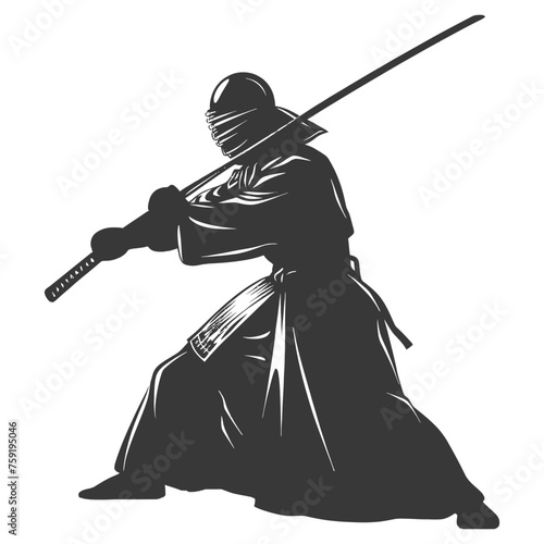 Silhouette single kendo athletes in action black color only