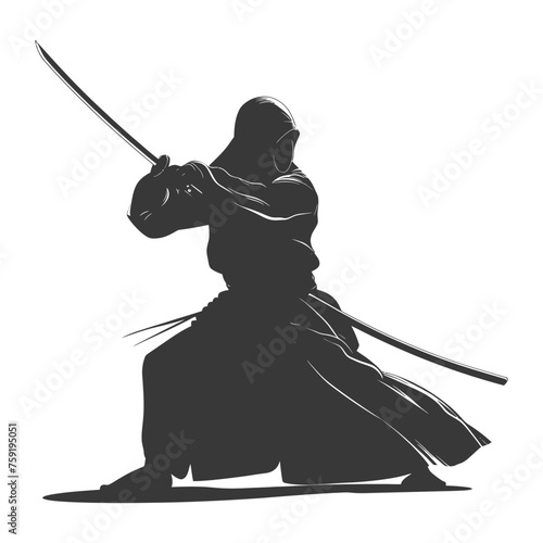 Silhouette single kendo athletes in action black color only