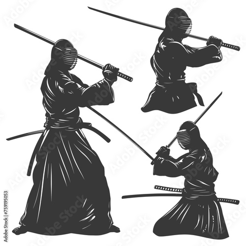 Silhouette single kendo athletes in action black color only