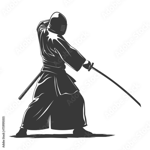 Silhouette single kendo athletes in action black color only