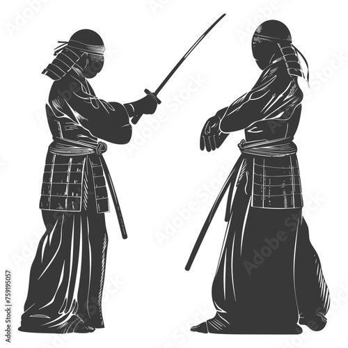 Silhouette single kendo athletes in action black color only