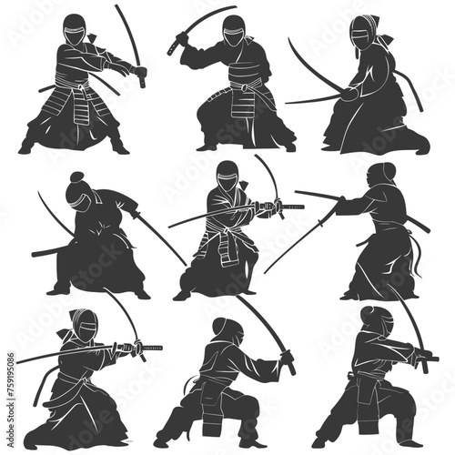 Silhouette single kendo athletes in action black color only