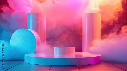 3d cylinder product podium on multicolor background, bright colors, smoke