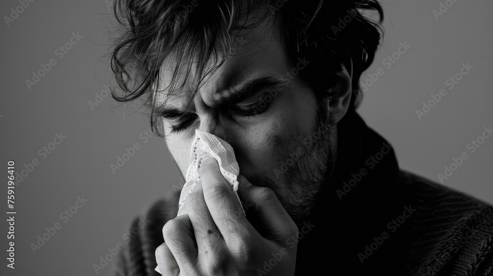 Man Practicing Good Hygiene by Covering His Nose and Mouth While Sneezing Man Practicing Good Hygiene by Covering His Nose and Mouth While Sneezing