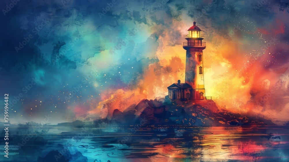 Vibrant Rainbow Lighthouse Guiding Ships at Night - Children's Book Illustration Generative AI