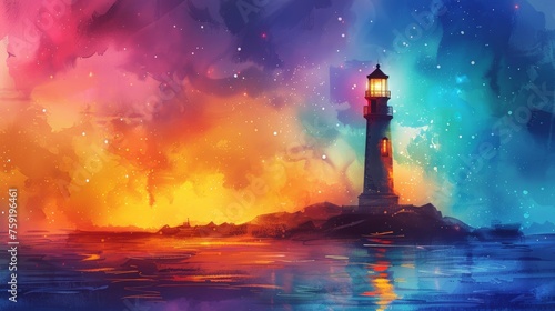 Vibrant Rainbow Lighthouse Guiding Ships at Night - Children's Book Illustration Generative AI photo