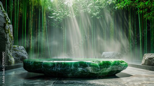 Empty product podium of jade-green round polished stone in Zen style against background of misty mystical bamboo forest. For advertising. Slanting rays of light through fog. Close-up. Copy space.