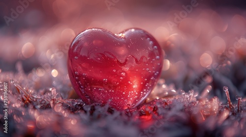a red heart sitting in the middle of a field of grass with drops of water on it's surface. photo