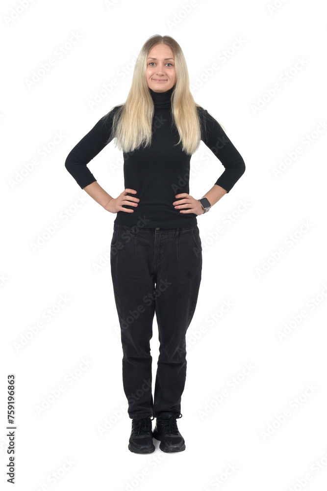 portrait of a blonde woman with arms akimbo standing on white background portrait of a blonde woman with arms akimbo standing on white background
