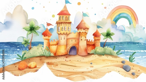 Vibrant Rainbow Sandcastle on Beach, Children's Book Illustration Generative AI