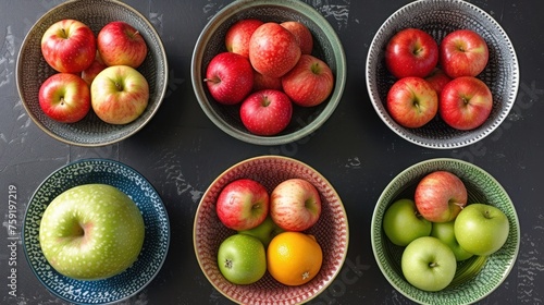 a set of six bowls filled with different types of apples and oranges on top of a black counter top. photo