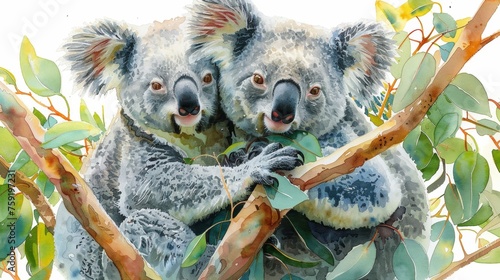 Cuddly Koalas Illustration for Children's Book with Vibrant Rainbow Colors on Eucalyptus Trees Generative AI photo