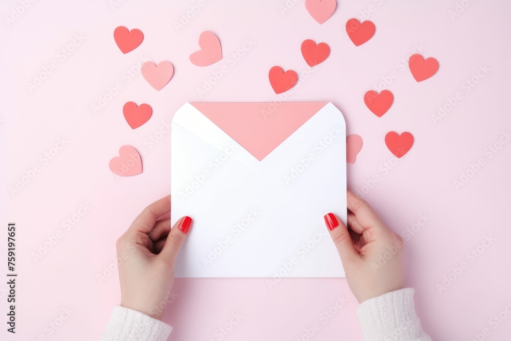 A pair of hands opens a white envelope on a pink background with scattered red hearts. A pair of hands opens a white envelope on a pink background with scattered red hearts.