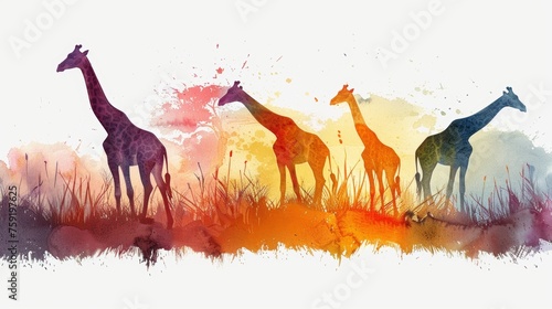 Vibrant Rainbow Giraffes Grazing in a Watercolor Savannah  Children s Book Illustration Generative AI