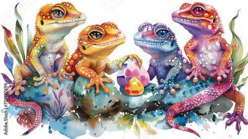 Vibrant Rainbow Geckos Gathering Gems Children's Book Illustration Generative AI © Alex