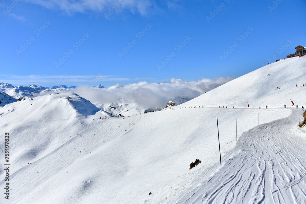 Sk slopes of Courchevel ski resort by winter 