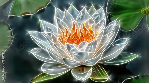 a digital painting of a white flower surrounded by water lilies and green leafy water lilies in a pond.