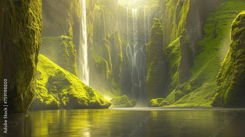 a painting of a waterfall in the middle of a forest with green moss growing on the sides of the falls.