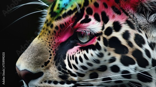 a close up of a multicolored tiger's face, with a black background and a black background.