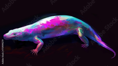 a brightly colored animal sitting on top of a black surface next to a black background with a pink and blue substance on the bottom of the animal. photo