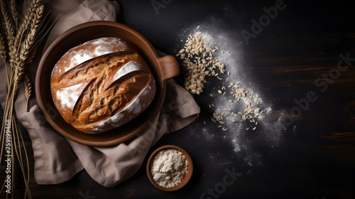 fresh bread with wheat ears and bowl of flour