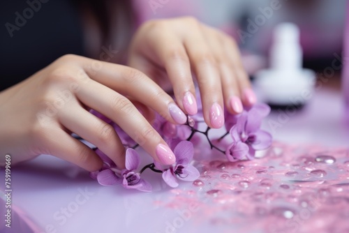 Close up manicure nails female pink orchid cosmetology design elegant fashion fingers gel glamour beauty hands lacquer paint procedure professional polish salon service treatment varnish trendy care
