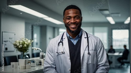 Portrait of a happy African American male doctor in a clinic photo