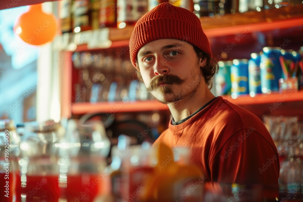 A kind mustachioed man in a red hat stands near the counter. juice in transparent glasses, pomegranates. street drinks