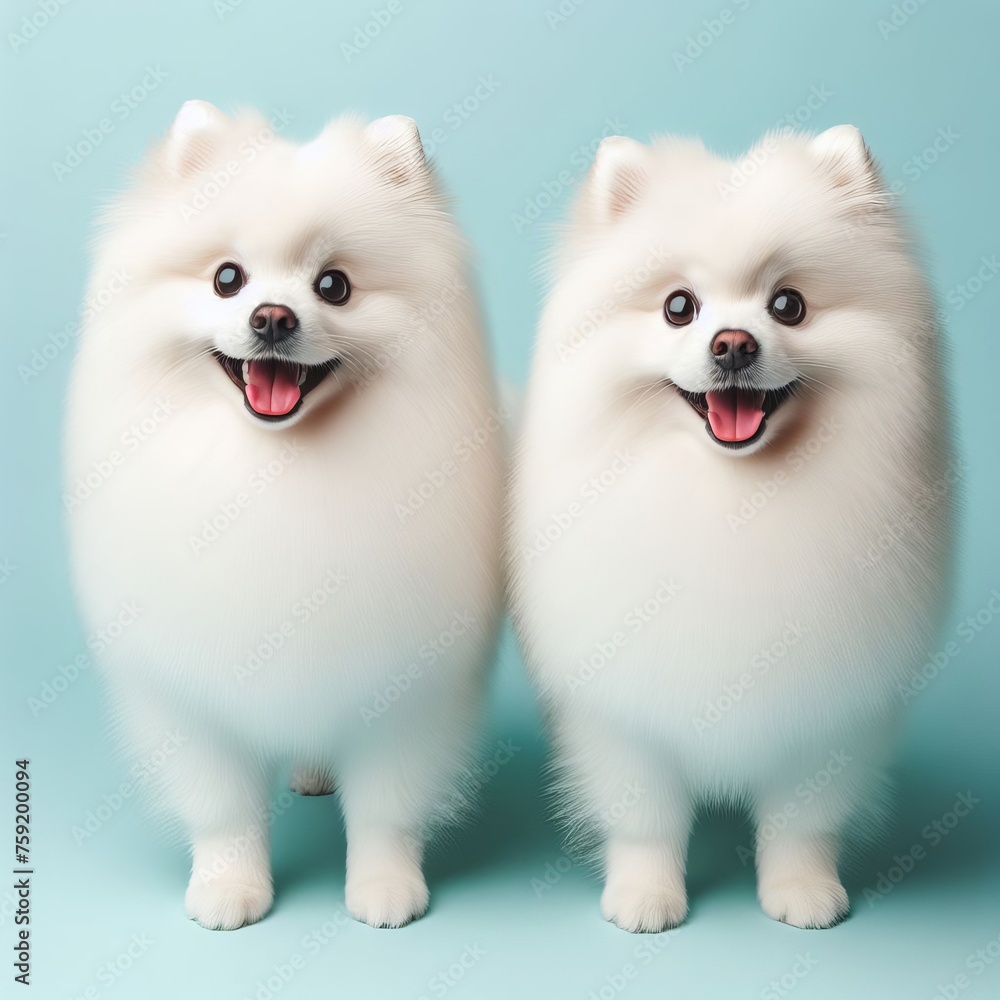 Full body portrait excited white spitz dog on solid pastel blue background Full body portrait excited white spitz dog on solid pastel blue background