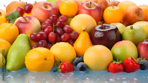 Fresh ripe fruit on the background of water drops. Fruit background 