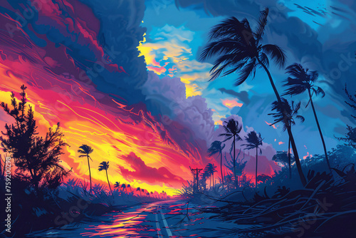 Dramatic sky at sunset with palm tree silhouettes and vibrant colors